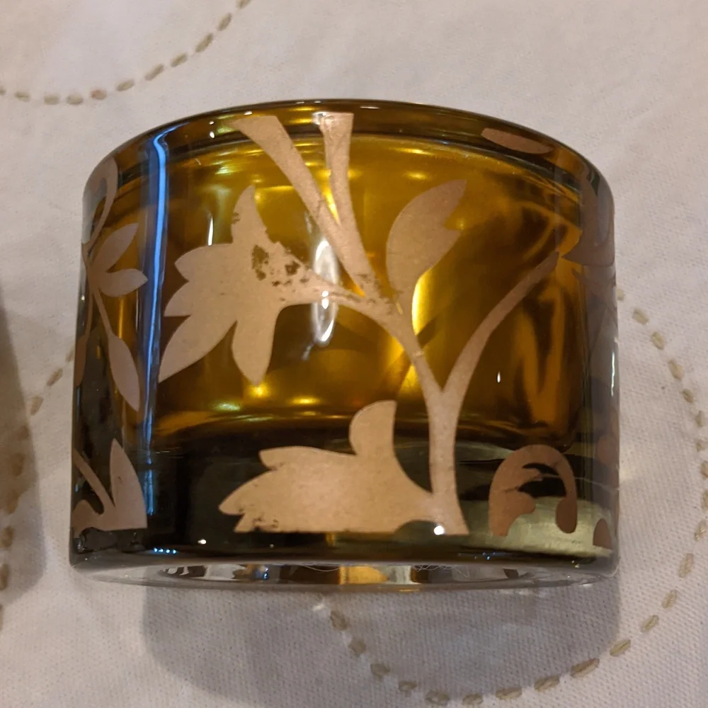 Candle Tealight Holder Set Zodax Gold Amber Floral Vines Round Heavy Glass